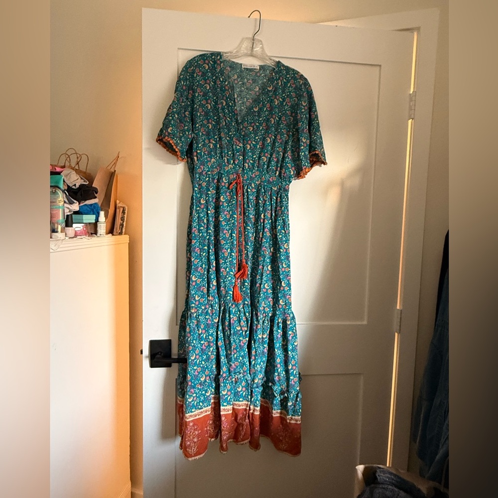 Boho Teal Floral Maxi Dress with Rust Trim and Tassel
